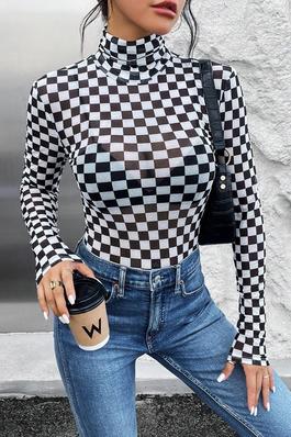 Checkered Printed Long Sleeve High Neck Bodysuit