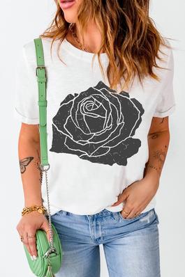 White Large Rose Print Round Neck T Shirt