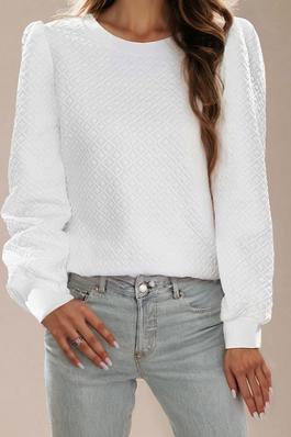 White Textured Puff Long Sleeve Round Neck Top