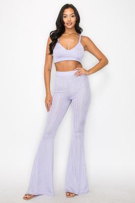 SHINY NOVELTY RIB BRAID DETIAL CROP TOP AND BELL 