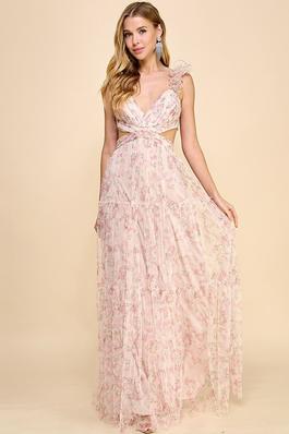 FLORAL TULLE CUT OUT TIE BACK MAXI DRESS