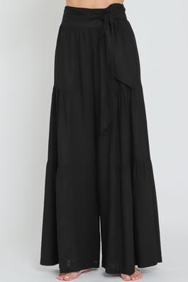 TIE FRONT WAISTED TIERED LINEN LONG PANTS 
