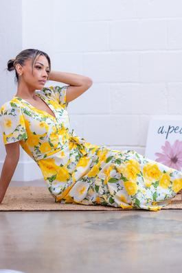 Yellow Floral Belted Midi Dress