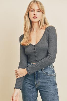 V-Neck Long Sleeve Cropped Top