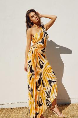 Malibu Asymmetrical Pleated Maxi Dress