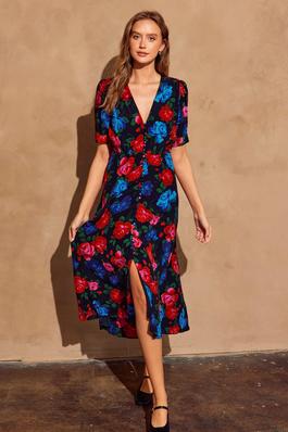 Roses Are Not Only Red Button Detail Midi Dress