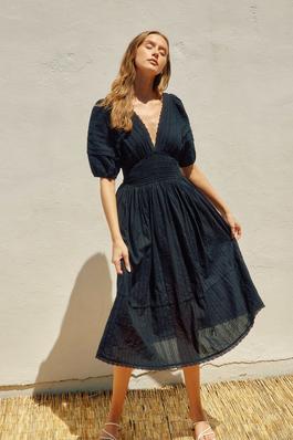 Lacy Cotton Jacquard Bubble Sleeve Midi Dress