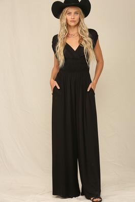 A SOLID JUMPSUIT WITH WIDE LEG PANTS.
