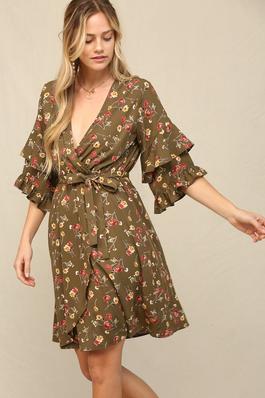 FLORAL WAIST BAND WITH TIE RUFFLED SLEEVES DRESS