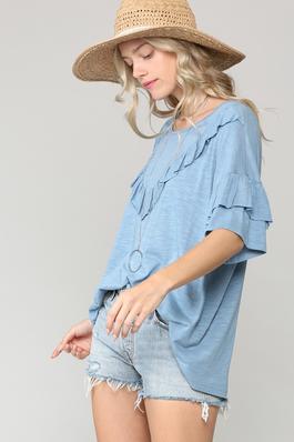 V-SHAPED RUFFLE DETAIL LOOSE FIT TOP