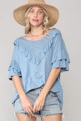 V-SHAPED RUFFLE DETAIL LOOSE FIT TOP