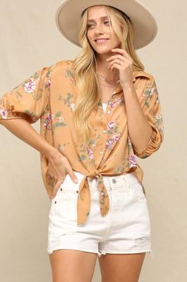 PRINTED BUTTON-DOWN BLOUSE WITH FRONT TIE.