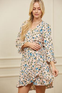 FLORAL RUFFLED WRAP DRESS WITH BELL SLEEVES