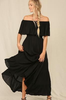 OFF WHOULDER MAXI DRESS WITH RUFFLE TOP.