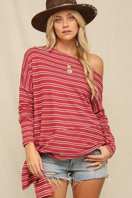 STRIPPED OFF SHOULDER TOP WITH TIE DETAIL.