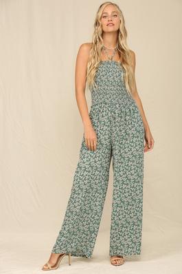 A STRECHY SMOCKED BODICE AND WIDE LEG PANTS.