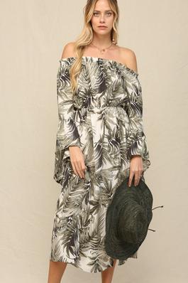 PRINT OFF SHOULDER MIDI DRESS WITH BELL SLEEVES