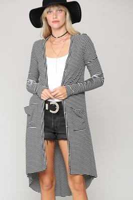 STRIPED RIBBED DUSTER CARDIGAN.