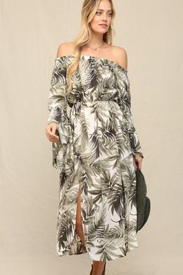 PRINT OFF SHOULDER MIDI DRESS WITH BELL SLEEVES