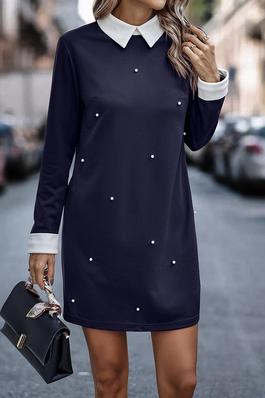 Solid Contrast Collar Pearls Beaded Loose Fit Dres