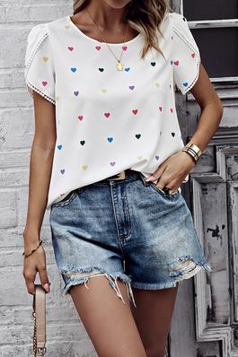 Heart Print Round Neck Loose Fit Shirt