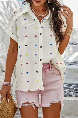 Heart Print Button Up Loose Fit Blouse