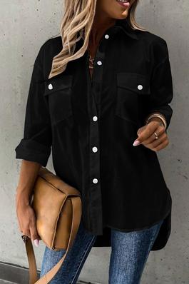 Solid Button Up Pockets Long Sleeves Blouse
