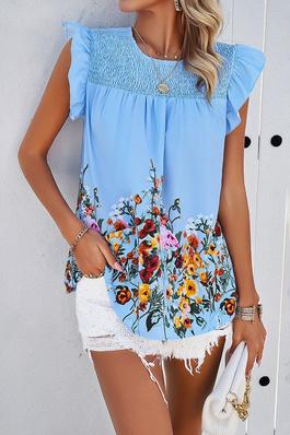 Floral Print Round Neck Ruched Loose Fit Top