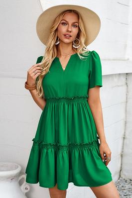 Solid Color Block Ruffle Ruched Loose Midi Dress
