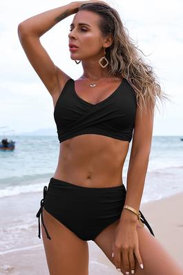Two Pieces Solid Cross Ruched Sleeveless Bikini