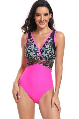 Floral V Neck Color Block One Piece Swimsuits