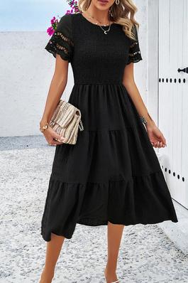 Lace Round Neck Ruched Fit Ruffle Solid Dress