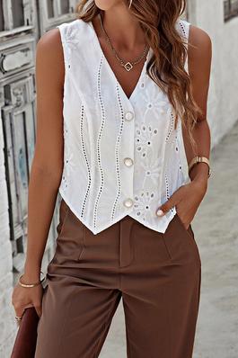 Solid Sleeveless V Neck Button Hollow Out Top