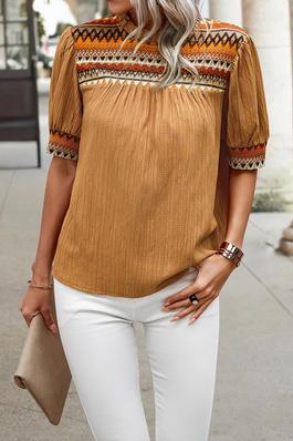 Strip Ruched Color Block Puff Sleeves Top