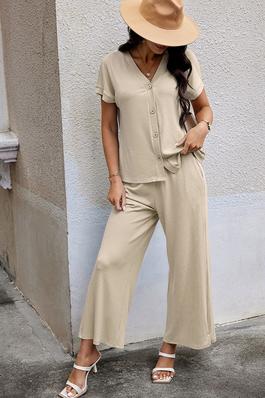Solid Knit Pockets Button Up Two Pieces V Neck Set