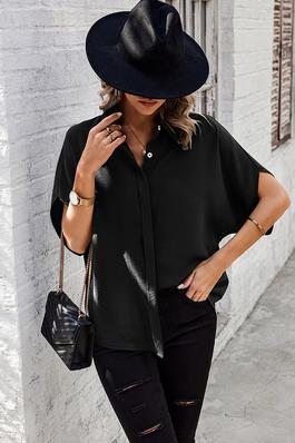 Solid Front Open Button Loose Fit Blouse