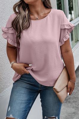 Plus Size Round Neck Ruffle Solid Loose Shirt