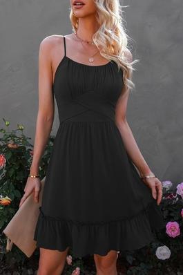 Scoop Neck Straps Solid Ruffled Dress