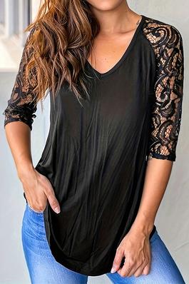 Solid V Neck Color Block Lace Loose Fit Top