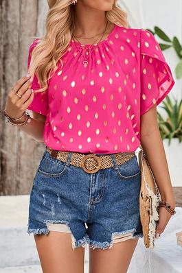 Round Neck Ruched Dot Print Loose Blouse