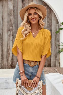 Pleated V Neck Side Open Solid Blouse
