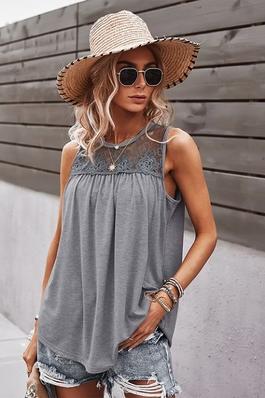 Crew Neck Lace Solid Loose Fit Top