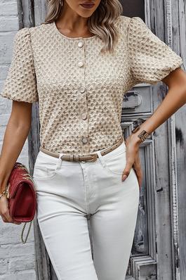 Solid Textured Pearl Button Puff Sleeve Shirt