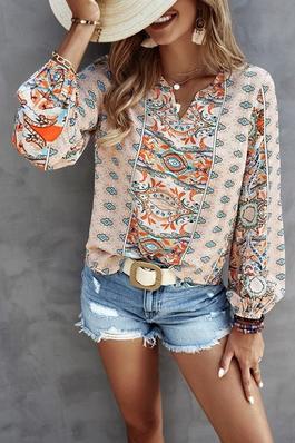 V Neck Long Sleeve Graphic Loose Top