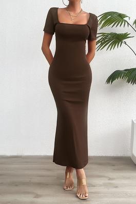 Square Neck Solid Fit Cross Knot Back Long Dress