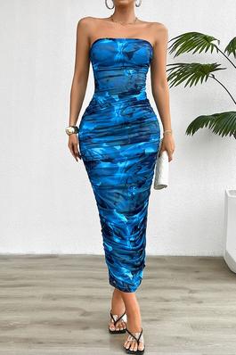 Off Shoulder Allover Print Pleated Bodycon Dress