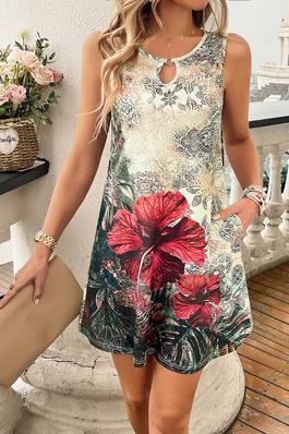 Floral Print Sleeveless Cut Out Fit Short Dress