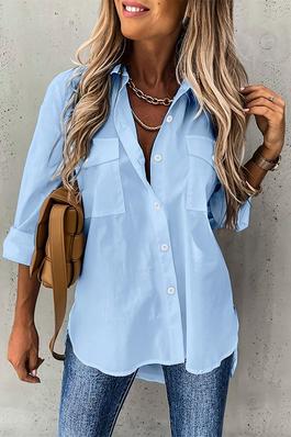 Solid Button Up Pockets Long Sleeves Blouse
