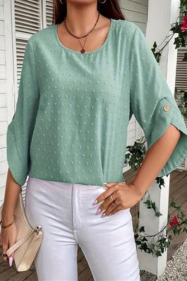 Solid Swiss Dot Round Neck Loose Button Trim Top