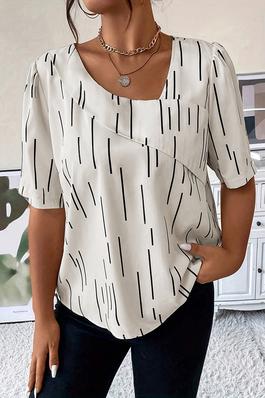 Printed Puff Sleeve Shirt With Line Pattern
